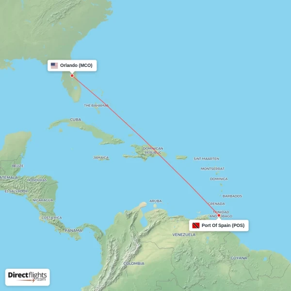Orlando - Port Of Spain direct flight map