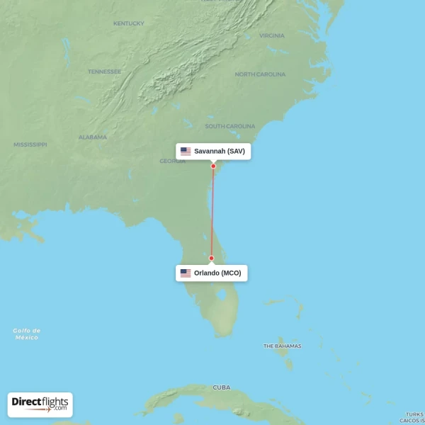 Orlando - Savannah direct flight map