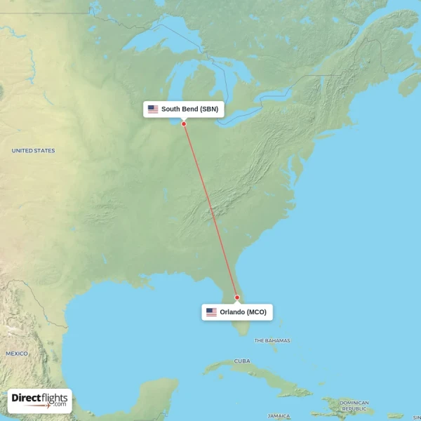 Orlando - South Bend direct flight map
