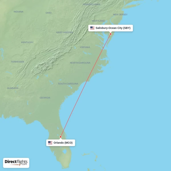 Orlando - Salisbury-Ocean City direct flight map