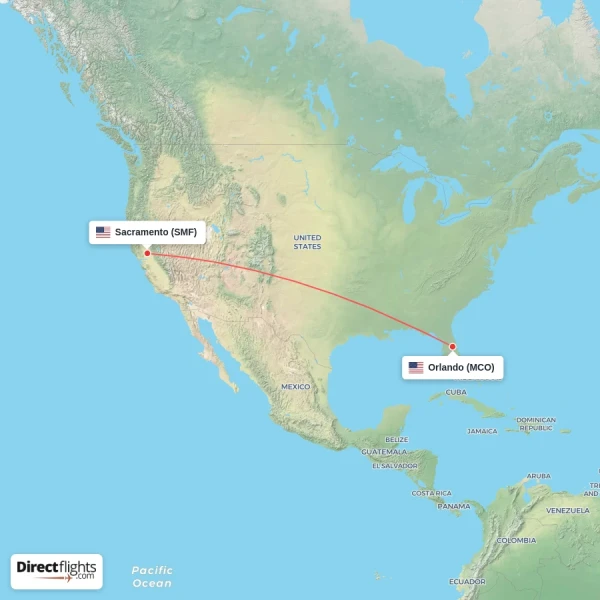 Orlando - Sacramento direct flight map