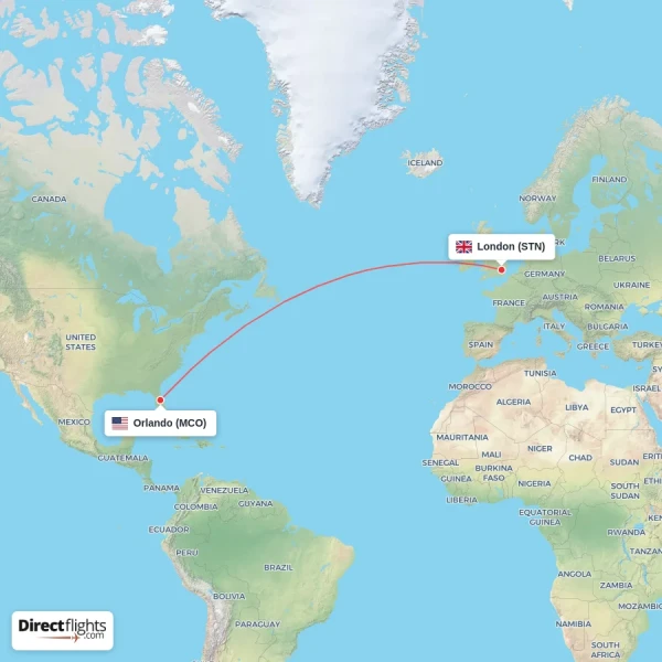 Orlando - London direct flight map