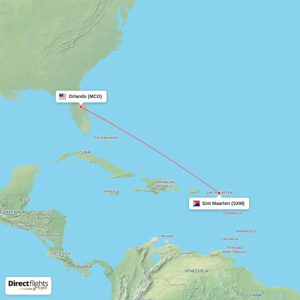 Orlando - Sint Maarten direct flight map