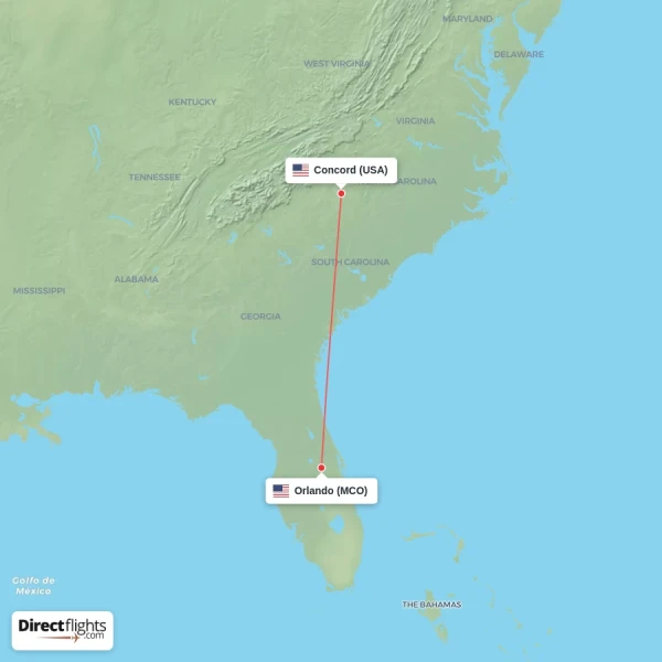 Orlando - Concord direct flight map