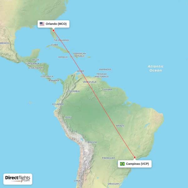 Orlando - Campinas direct flight map