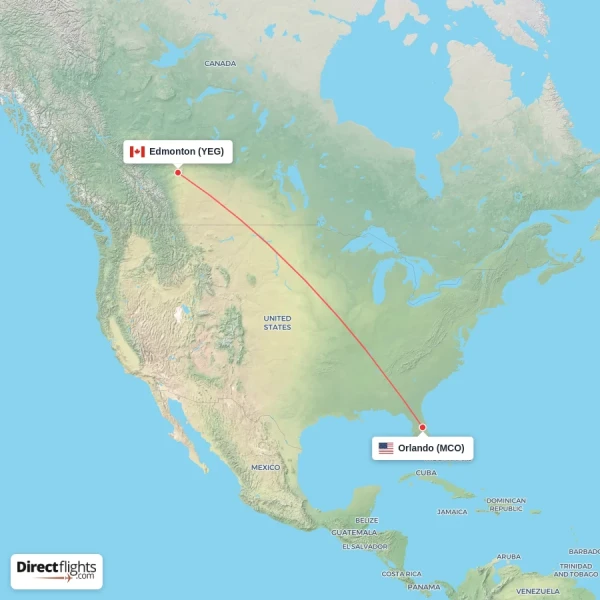 Orlando - Edmonton direct flight map