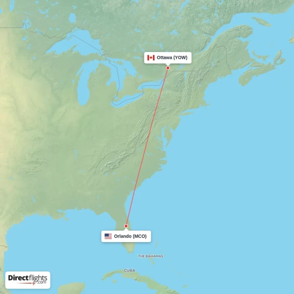Orlando - Ottawa direct flight map