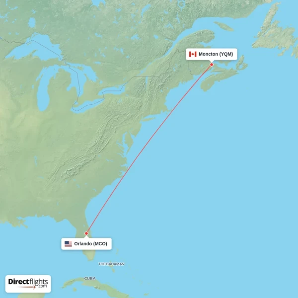 Orlando - Moncton direct flight map