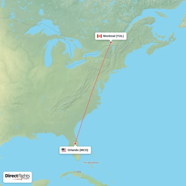 Orlando - Montreal direct flight map