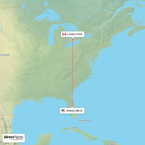 Orlando - London direct flight map
