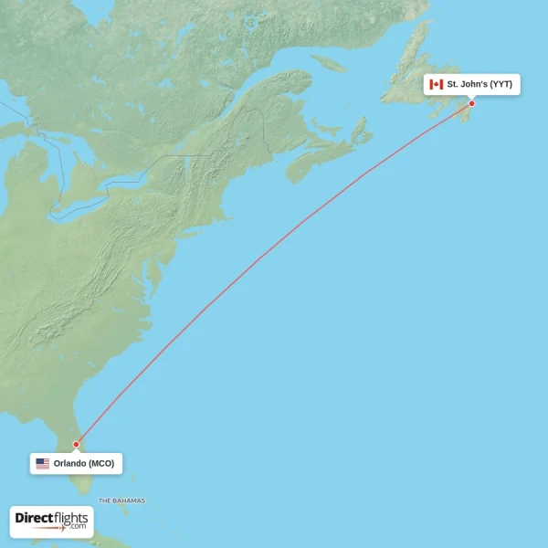 Orlando - St. John's direct flight map