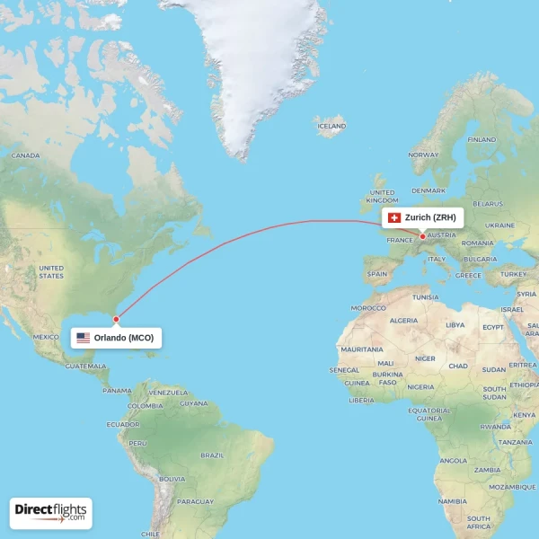 Orlando - Zurich direct flight map