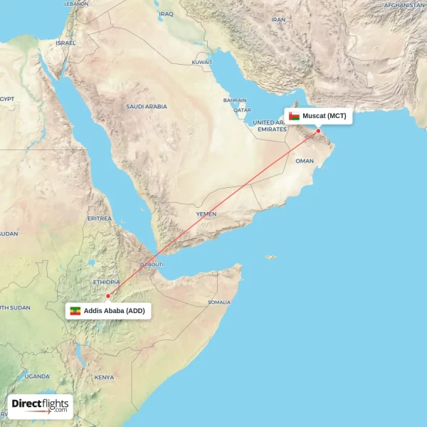 Muscat - Addis Ababa direct flight map