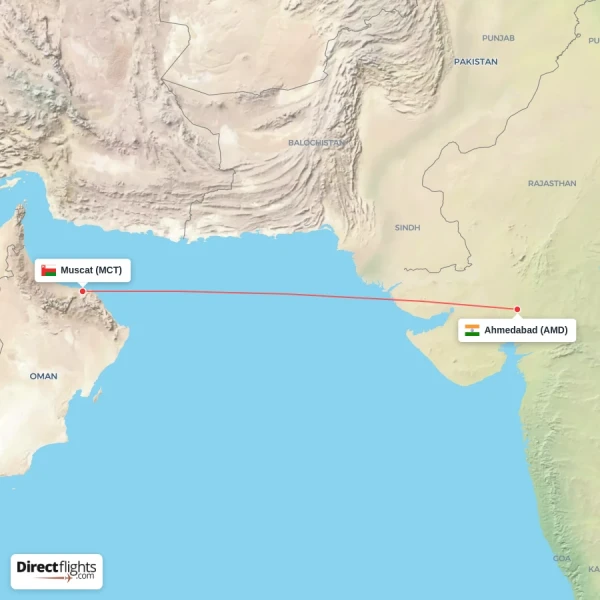 Muscat - Ahmedabad direct flight map