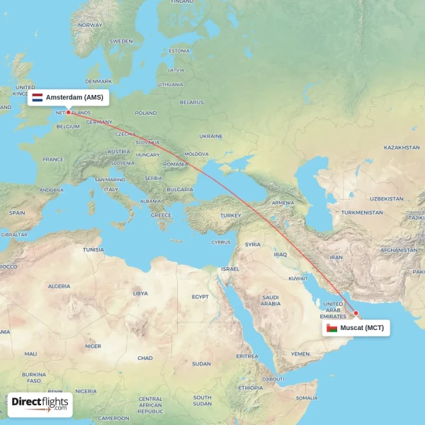 Muscat - Amsterdam direct flight map