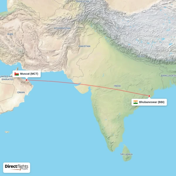 Muscat - Bhubaneswar direct flight map