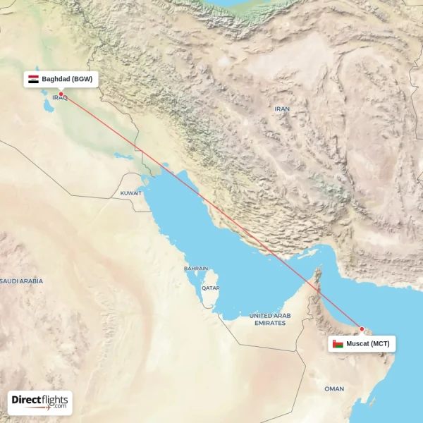 Muscat - Baghdad direct flight map