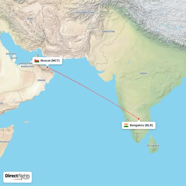 Muscat - Bengaluru direct flight map
