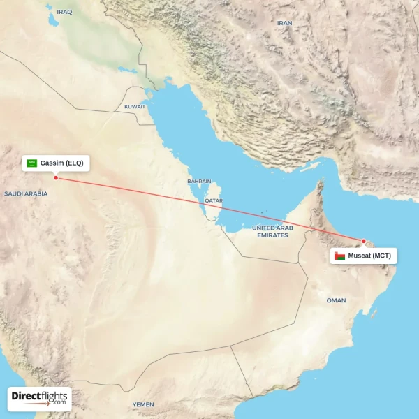 Muscat - Gassim direct flight map