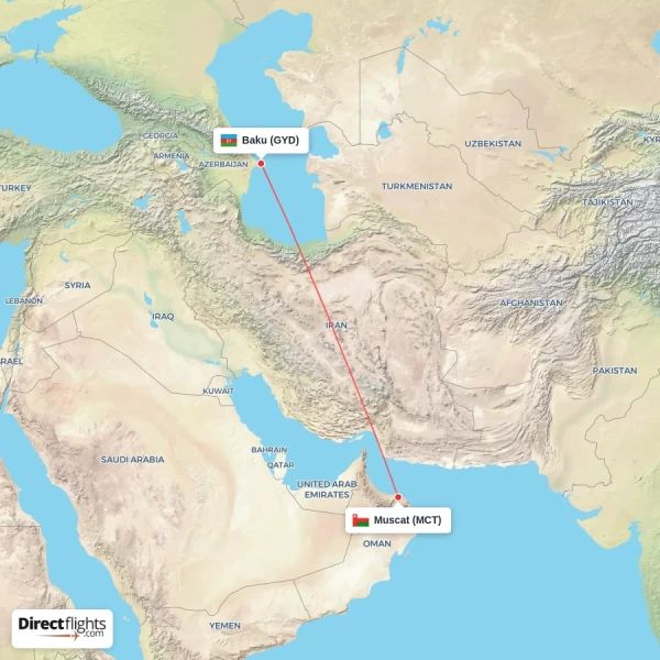 Muscat - Baku direct flight map