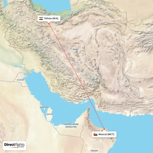 Muscat - Tehran direct flight map