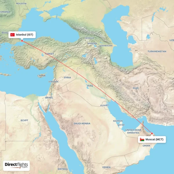 Muscat - Istanbul direct flight map