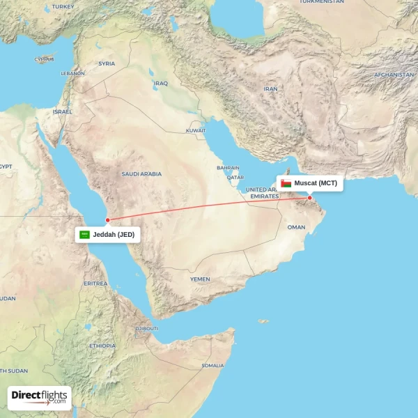 Muscat - Jeddah direct flight map