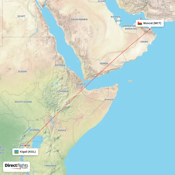 Muscat - Kigali direct flight map
