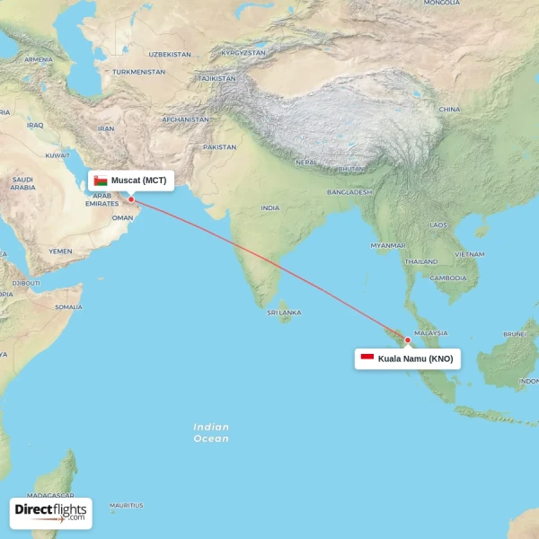 Muscat - Kuala Namu direct flight map