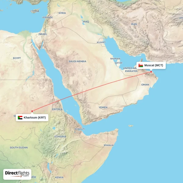 Muscat - Khartoum direct flight map