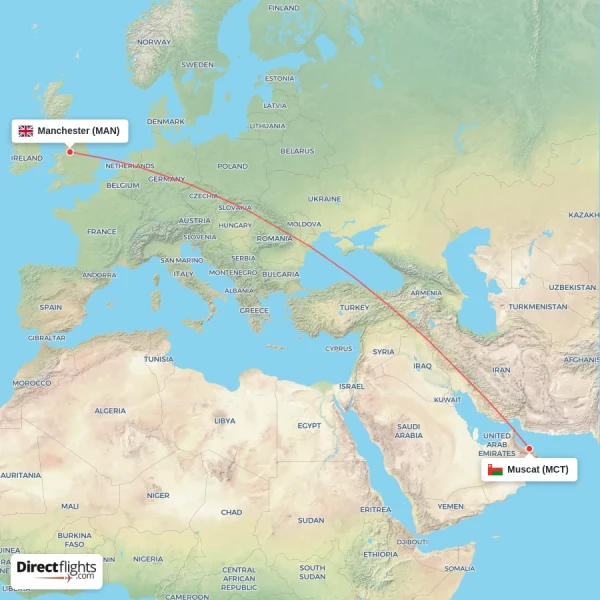 Muscat - Manchester direct flight map