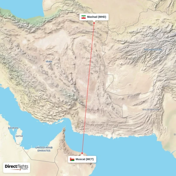 Muscat - Mashad direct flight map