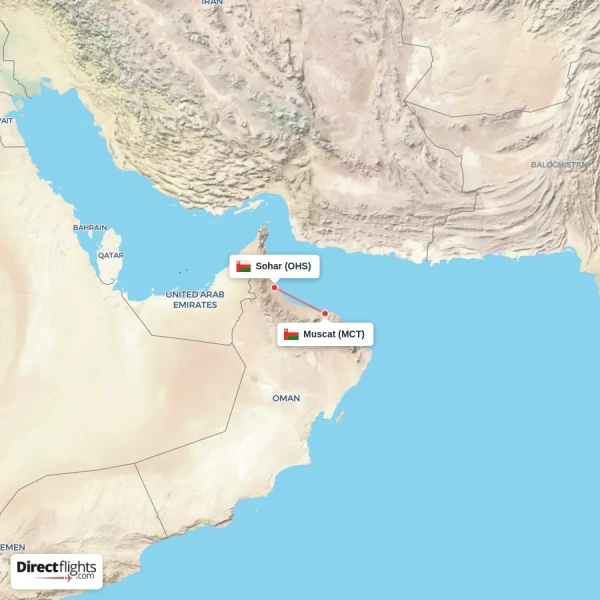 Muscat - Sohar direct flight map