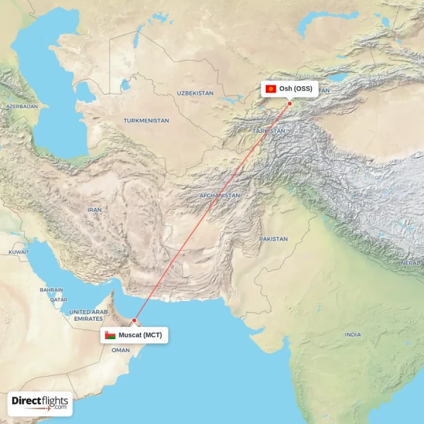 Muscat - Osh direct flight map