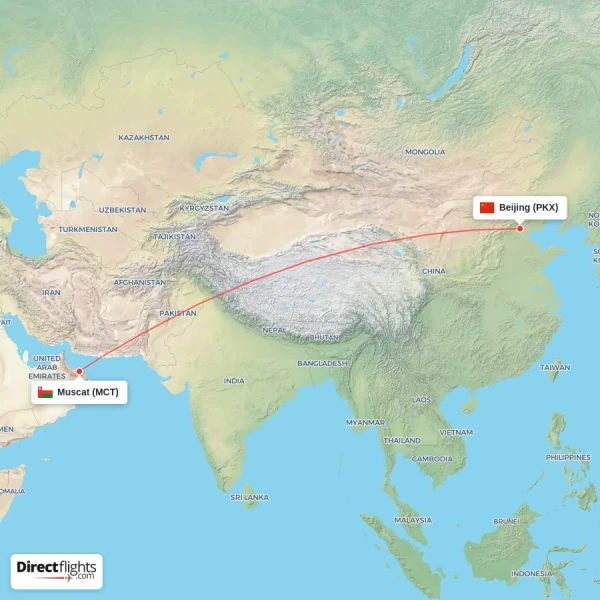 Muscat - Beijing direct flight map