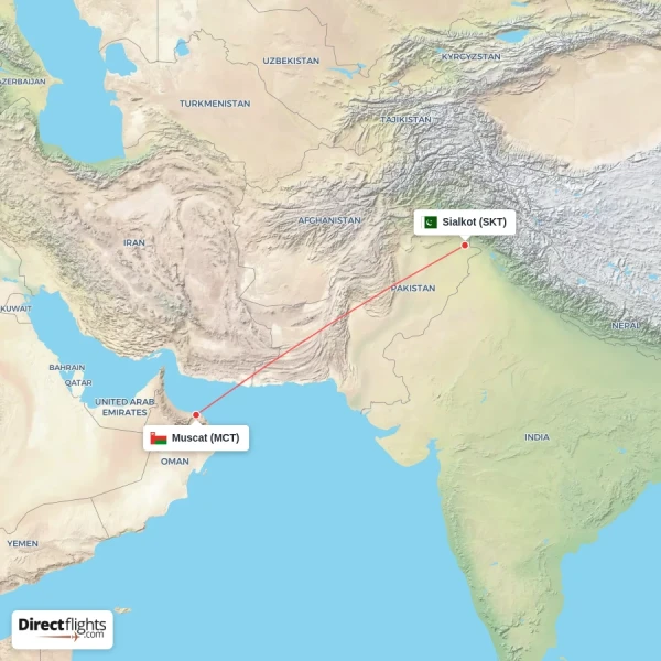 Muscat - Sialkot direct flight map