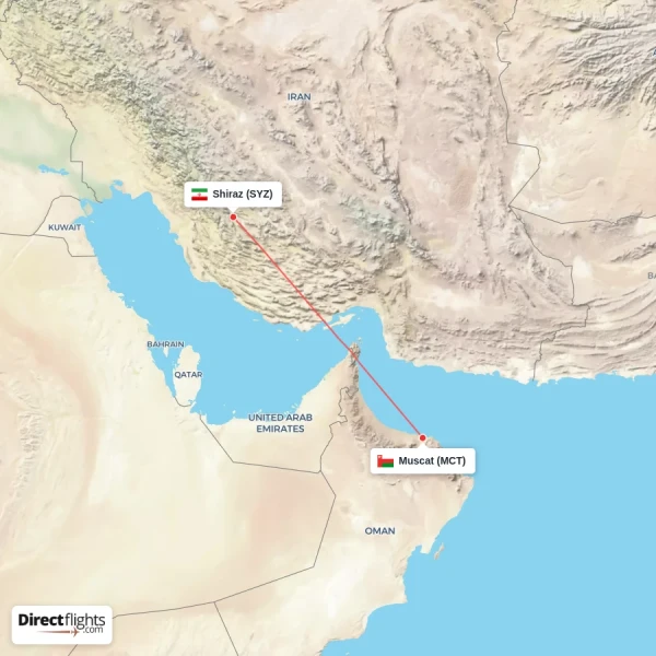 Muscat - Shiraz direct flight map