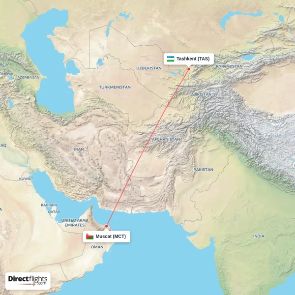 Muscat - Tashkent direct flight map