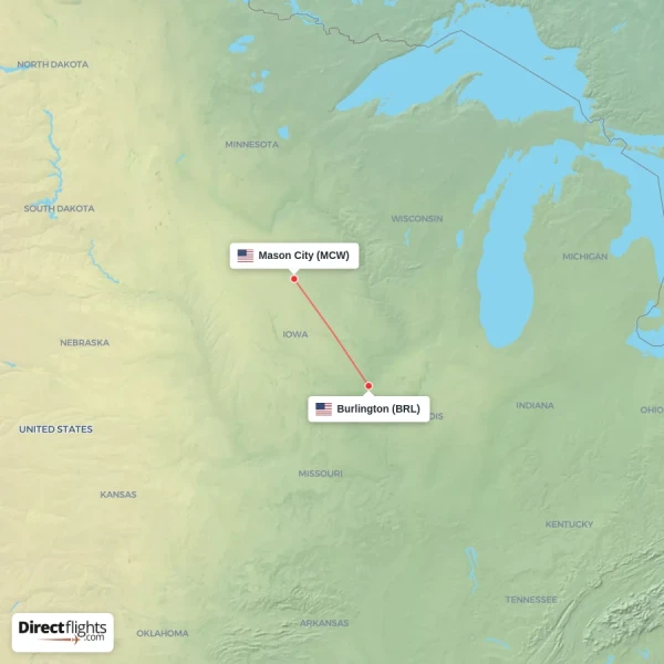 Mason City - Burlington direct flight map