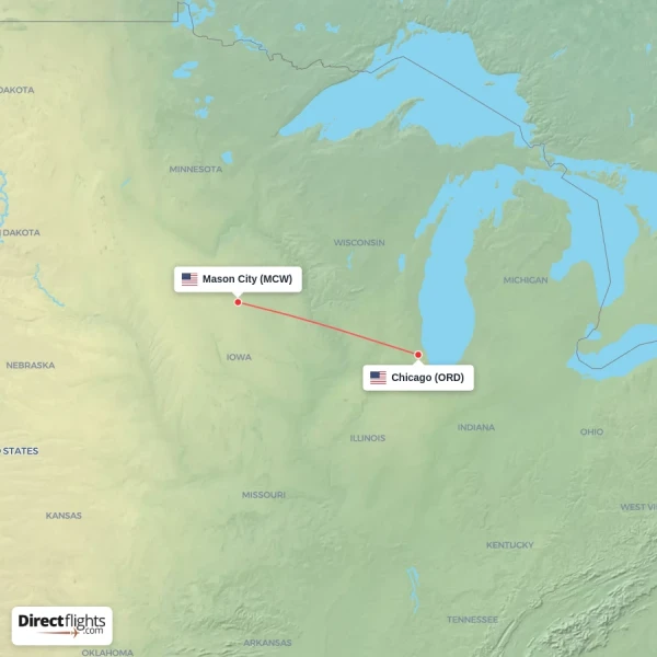 Mason City - Chicago direct flight map