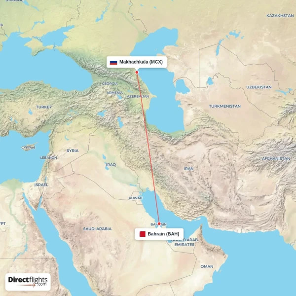 Makhachkala - Bahrain direct flight map