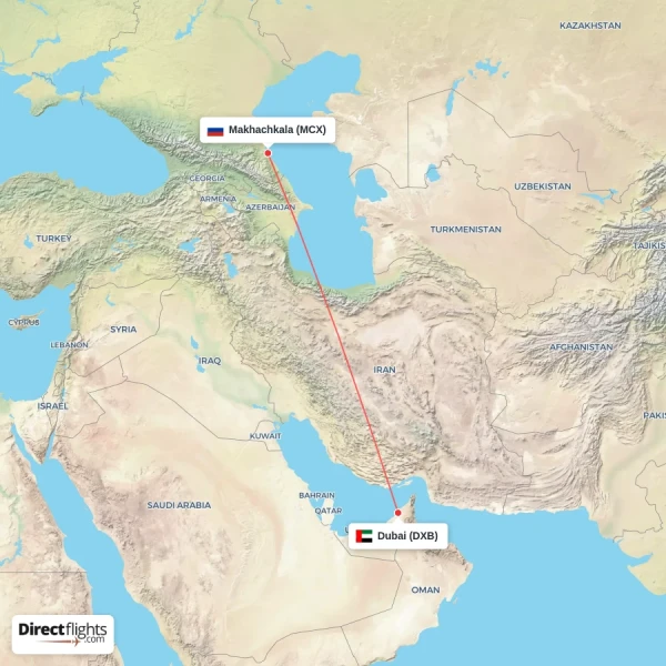 Makhachkala - Dubai direct flight map