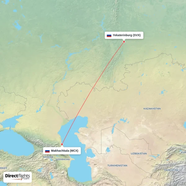 Makhachkala - Yekaterinburg direct flight map