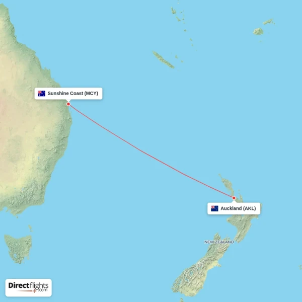 Sunshine Coast - Auckland direct flight map