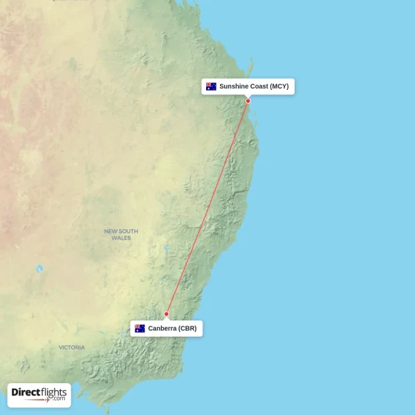 Sunshine Coast - Canberra direct flight map