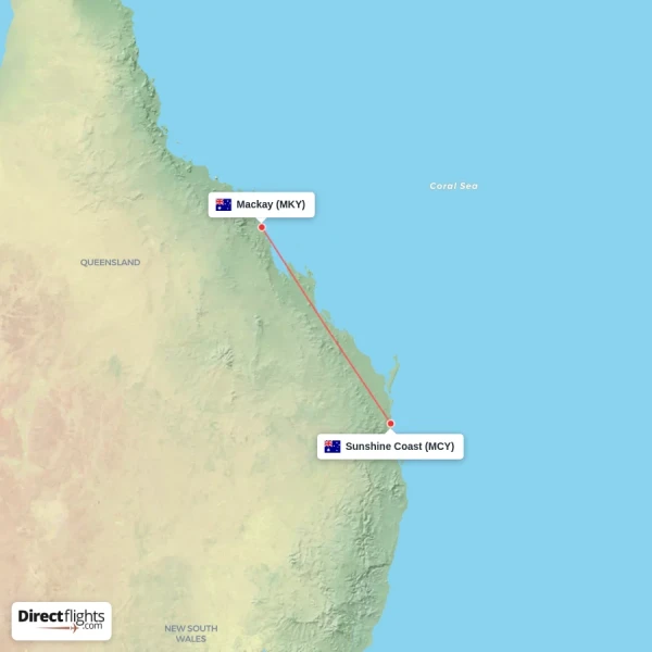 Sunshine Coast - Mackay direct flight map