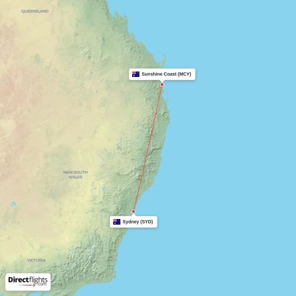 Sunshine Coast - Sydney direct flight map