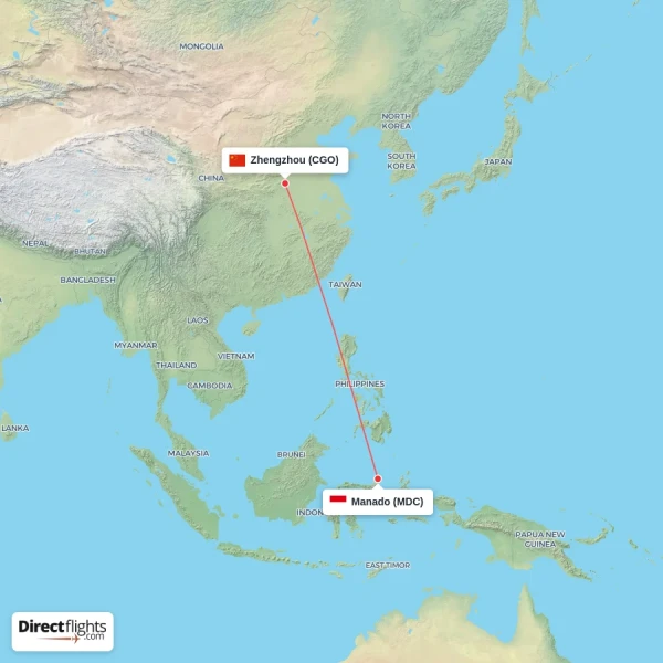 Manado - Zhengzhou direct flight map