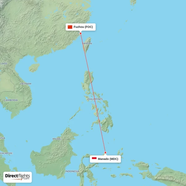 Manado - Fuzhou direct flight map