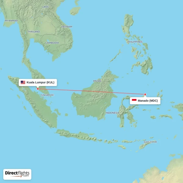 Manado - Kuala Lumpur direct flight map